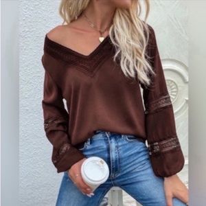 V Neck Lace Panel Sleeve Blouse